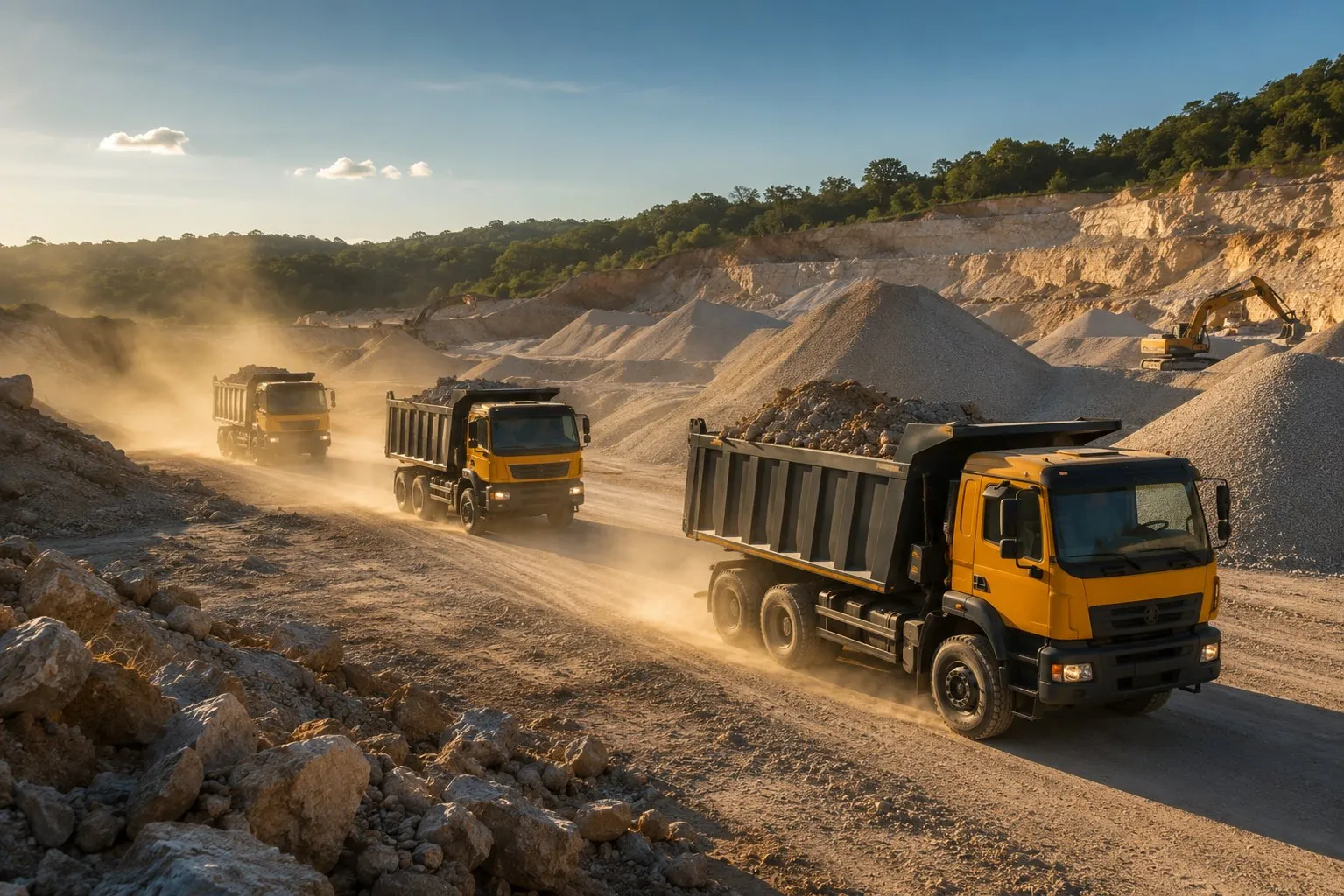 Flota de volquetas de Materiales Ulma en ruta hacia una obra